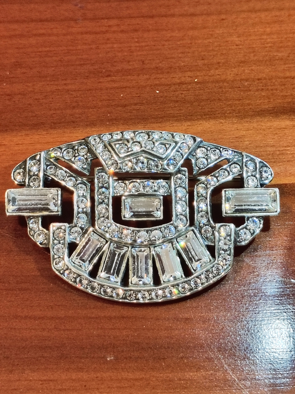 Vintage 925 Sterling Silver Art Deco Style Rhinestone Brooch Pin